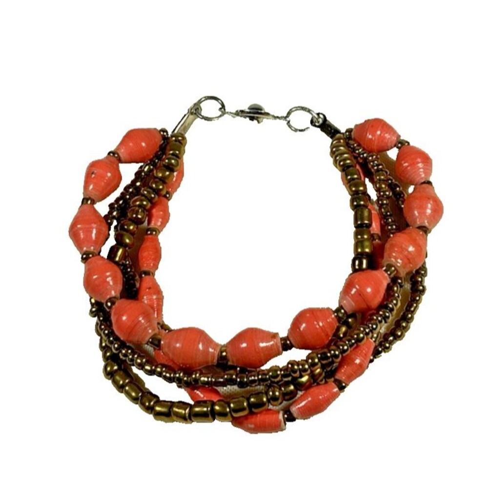 Vtg Multi-Strand Bracelet Orange Rolled Paper Beads & Brown Seed Beads EUC Boho